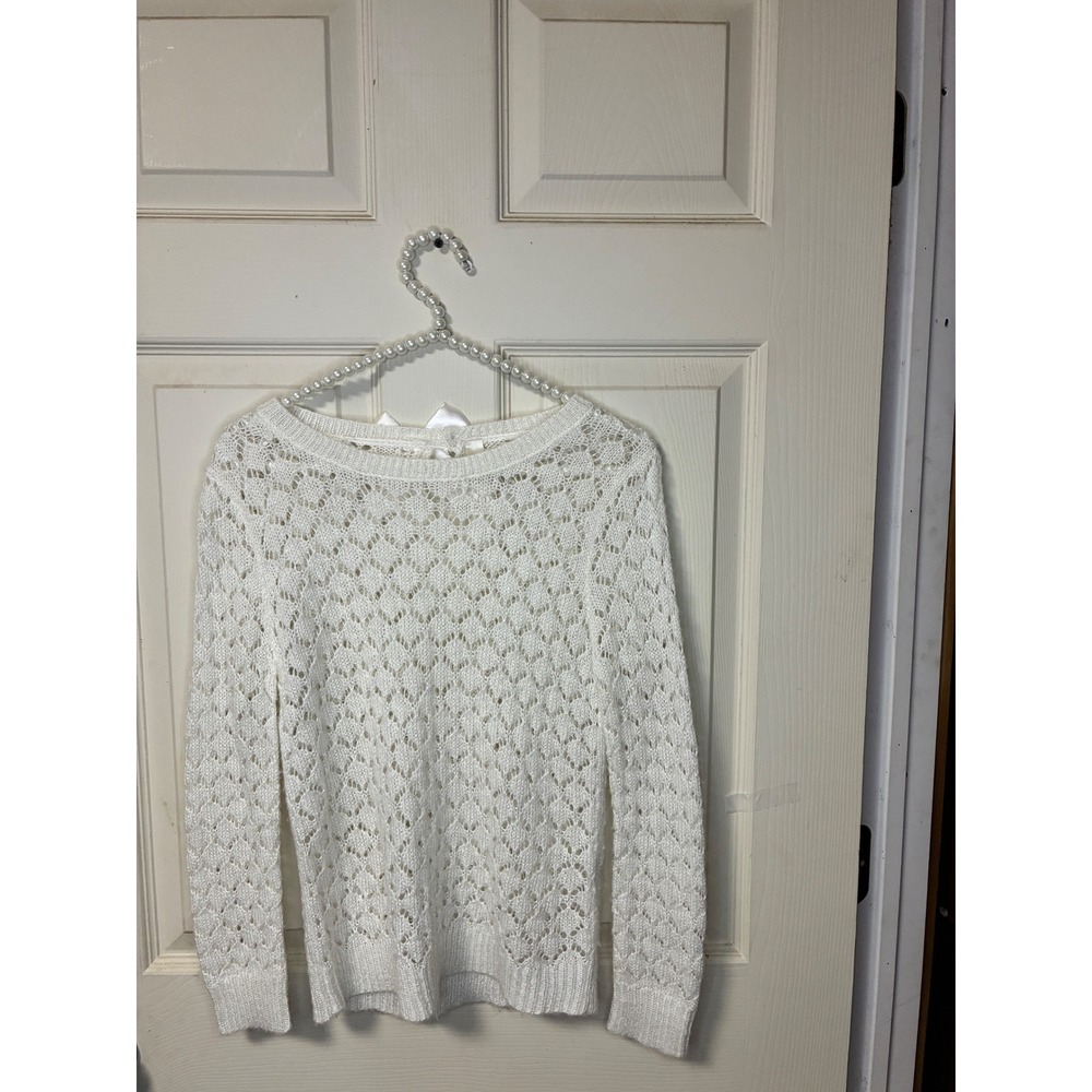 Cherokee Sweater Womens 1 White Excellent Open Knit Pointelle Satin Back Bow